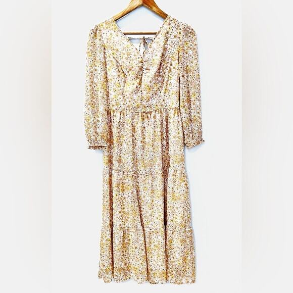 Sincerely Jules Floral Print Ruffled Midi Dress Yellow Gold Size Medium EUC - Picture 4 of 9